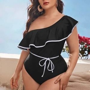 Shein | Black One Shoulder Ruffle White Trim One Piece Swimsuit 3X/18